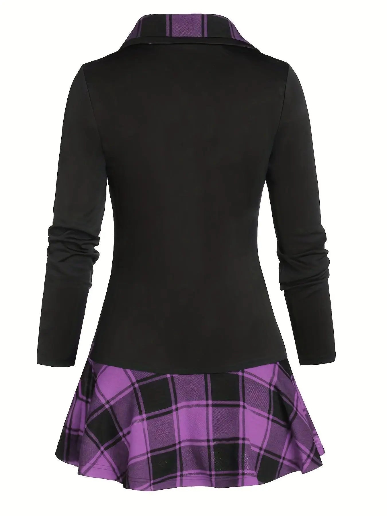 Plus Size Overlapping Lapel Long Sleeve Single Breasted Plaid Patchwork Tops, Women's Plus Medium Stretch Casual Tops SS69