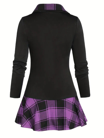 Plus Size Overlapping Lapel Long Sleeve Single Breasted Plaid Patchwork Tops, Women's Plus Medium Stretch Casual Tops SS69