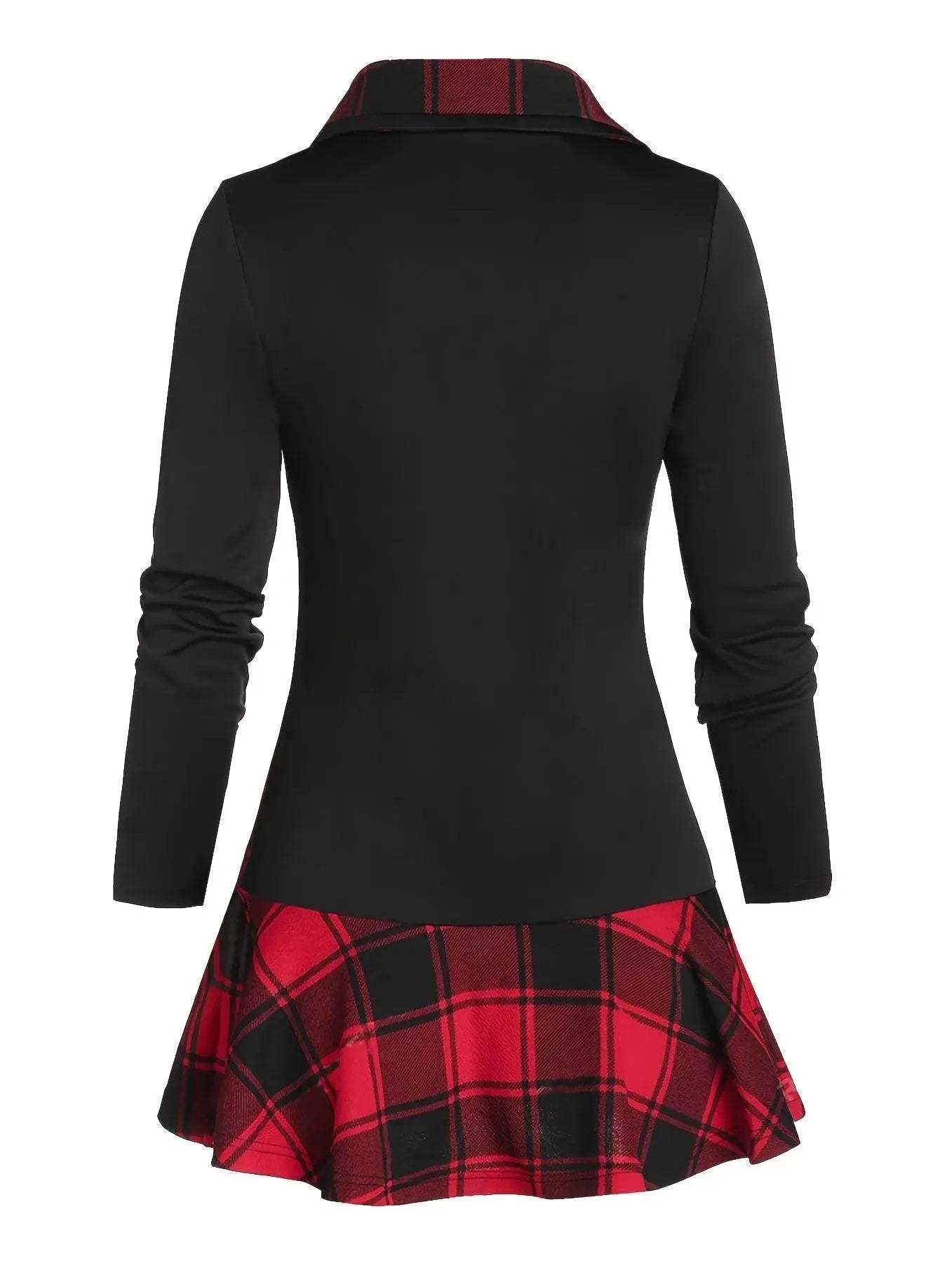 Plus Size Overlapping Lapel Long Sleeve Single Breasted Plaid Patchwork Tops, Women's Plus Medium Stretch Casual Tops SS69