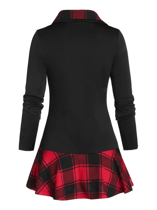 Plus Size Overlapping Lapel Long Sleeve Single Breasted Plaid Patchwork Tops, Women's Plus Medium Stretch Casual Tops SS69