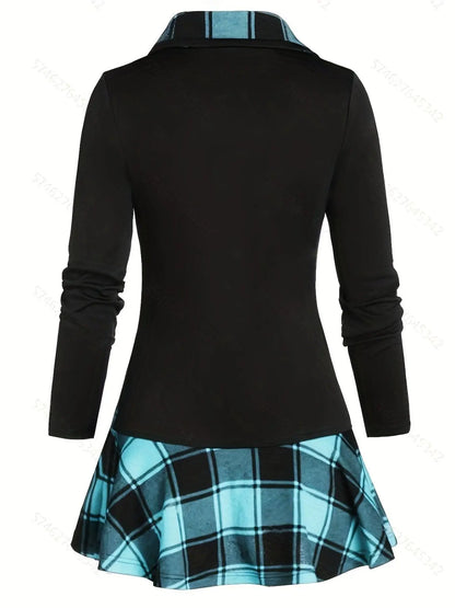 Plus Size Overlapping Lapel Long Sleeve Single Breasted Plaid Patchwork Tops, Women's Plus Medium Stretch Casual Tops SS69