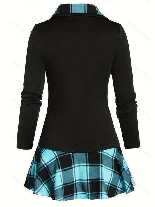 Plus Size Overlapping Lapel Long Sleeve Single Breasted Plaid Patchwork Tops, Women's Plus Medium Stretch Casual Tops SS69