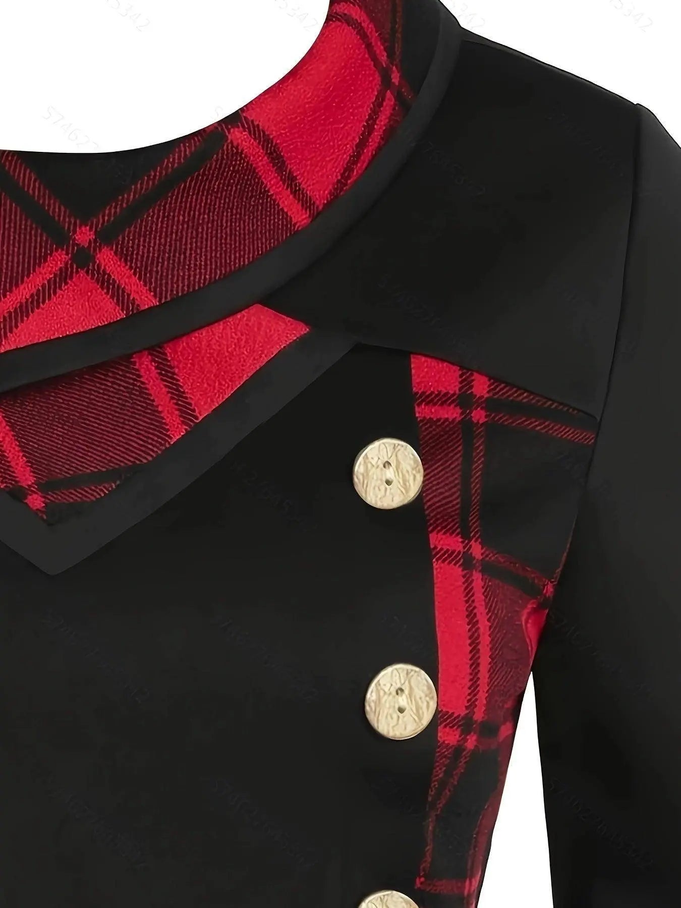 Plus Size Overlapping Lapel Long Sleeve Single Breasted Plaid Patchwork Tops, Women's Plus Medium Stretch Casual Tops SS69