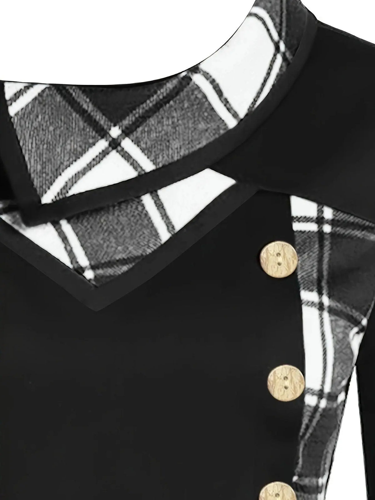 Plus Size Overlapping Lapel Long Sleeve Single Breasted Plaid Patchwork Tops, Women's Plus Medium Stretch Casual Tops SS69