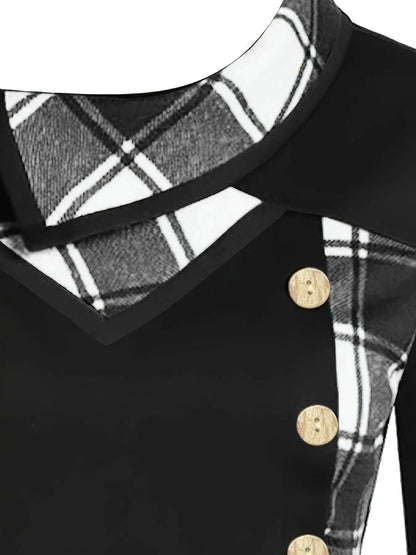 Plus Size Overlapping Lapel Long Sleeve Single Breasted Plaid Patchwork Tops, Women's Plus Medium Stretch Casual Tops SS69