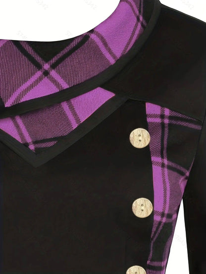 Plus Size Overlapping Lapel Long Sleeve Single Breasted Plaid Patchwork Tops, Women's Plus Medium Stretch Casual Tops SS69