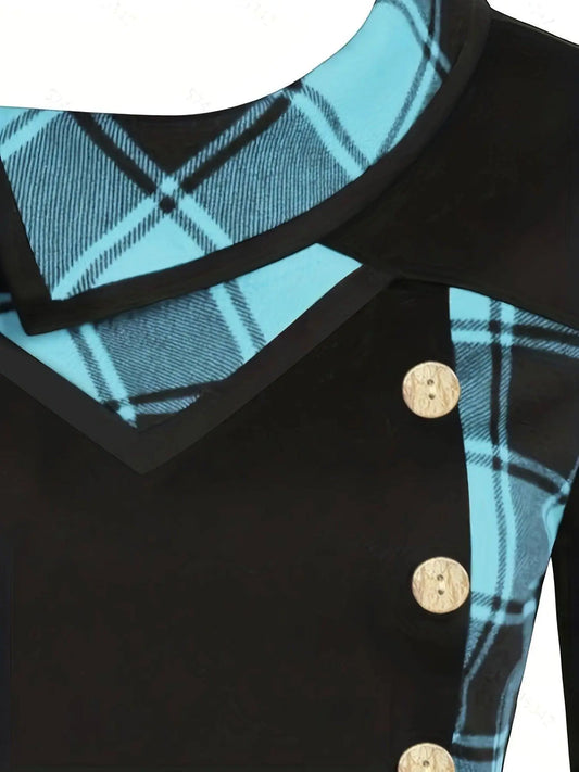 Plus Size Overlapping Lapel Long Sleeve Single Breasted Plaid Patchwork Tops, Women's Plus Medium Stretch Casual Tops SS69