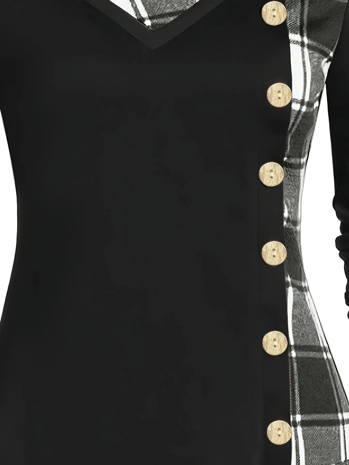 Plus Size Overlapping Lapel Long Sleeve Single Breasted Plaid Patchwork Tops, Women's Plus Medium Stretch Casual Tops SS69