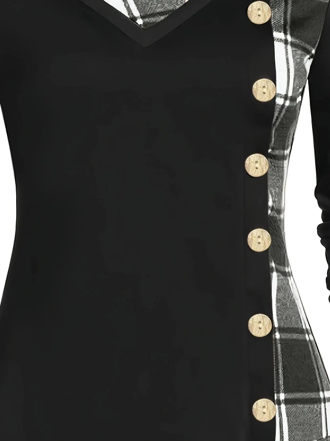 Plus Size Overlapping Lapel Long Sleeve Single Breasted Plaid Patchwork Tops, Women's Plus Medium Stretch Casual Tops SS69