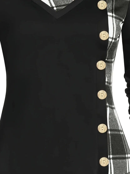 Plus Size Overlapping Lapel Long Sleeve Single Breasted Plaid Patchwork Tops, Women's Plus Medium Stretch Casual Tops SS69