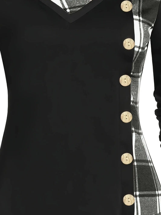 Plus Size Overlapping Lapel Long Sleeve Single Breasted Plaid Patchwork Tops, Women's Plus Medium Stretch Casual Tops SS69