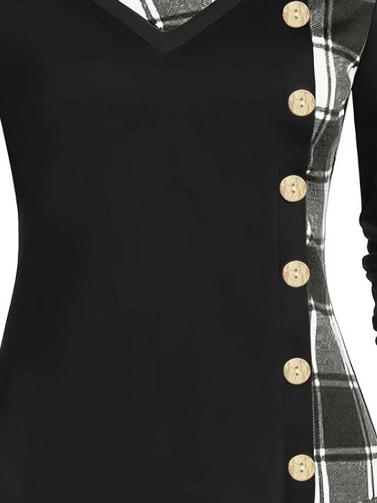 Plus Size Overlapping Lapel Long Sleeve Single Breasted Plaid Patchwork Tops, Women's Plus Medium Stretch Casual Tops SS69