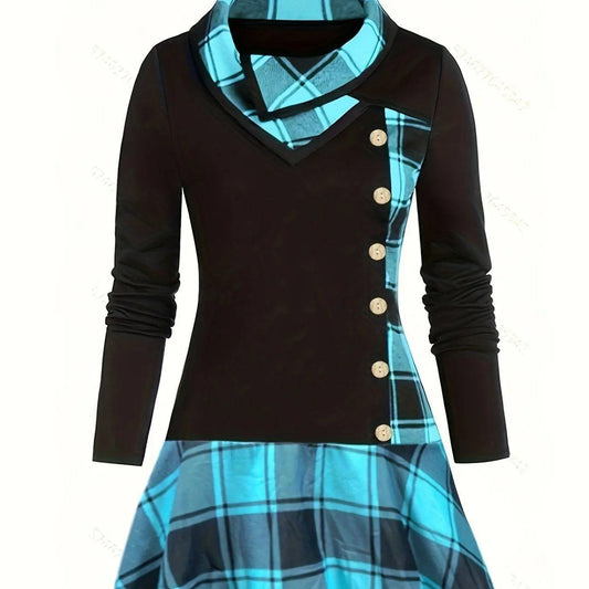 Plus Size Overlapping Lapel Long Sleeve Single Breasted Plaid Patchwork Tops, Women's Plus Medium Stretch Casual Tops SS69 23.69 Green / 5XL