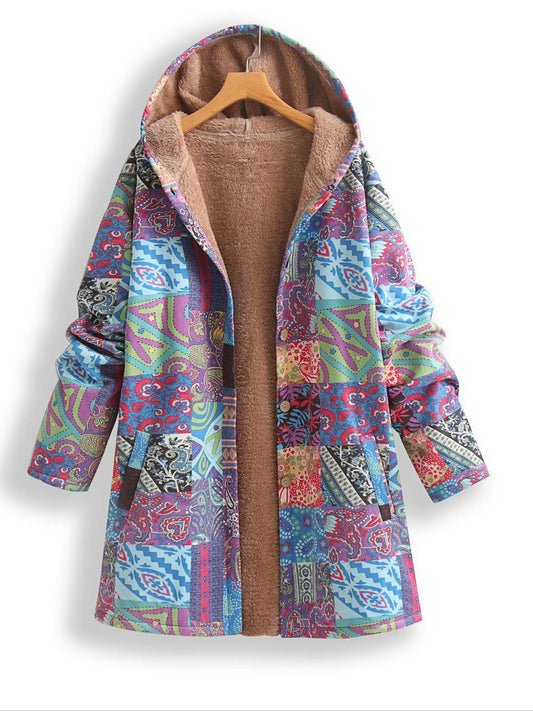 Plus Size Patchwork Print Hooded Coat, Casual Button Front Long Sleeve Warm Outerwear For Fall & Winter, Women's Plus Size Clothing - SS69