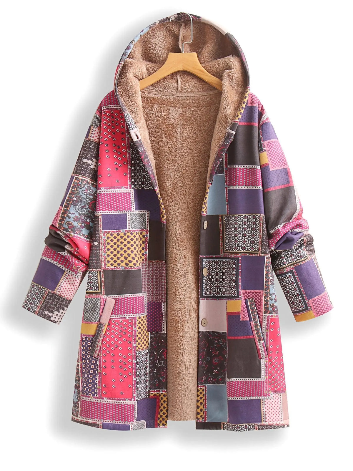 Plus Size Patchwork Print Hooded Coat, Casual Button Front Long Sleeve Warm Outerwear For Fall & Winter, Women's Plus Size Clothing - SS69