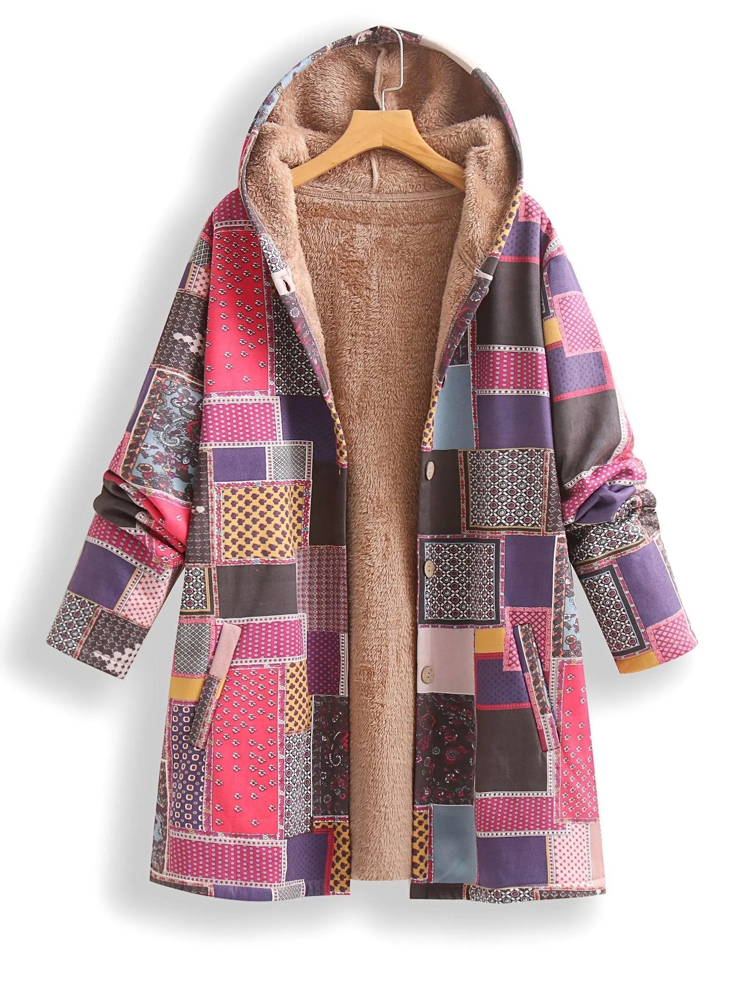 Plus Size Patchwork Print Hooded Coat, Casual Button Front Long Sleeve Warm Outerwear For Fall & Winter, Women's Plus Size Clothing - SS69