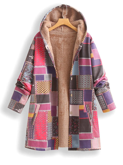 Plus Size Patchwork Print Hooded Coat, Casual Button Front Long Sleeve Warm Outerwear For Fall & Winter, Women's Plus Size Clothing - SS69
