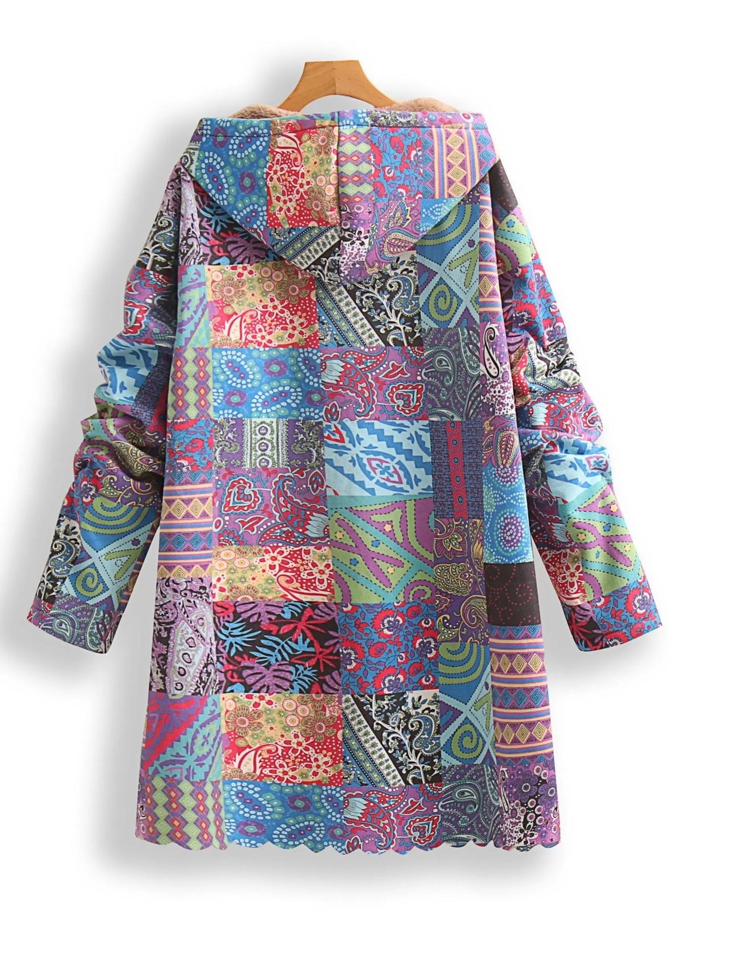 Plus Size Patchwork Print Hooded Coat, Casual Button Front Long Sleeve Warm Outerwear For Fall & Winter, Women's Plus Size Clothing - SS69