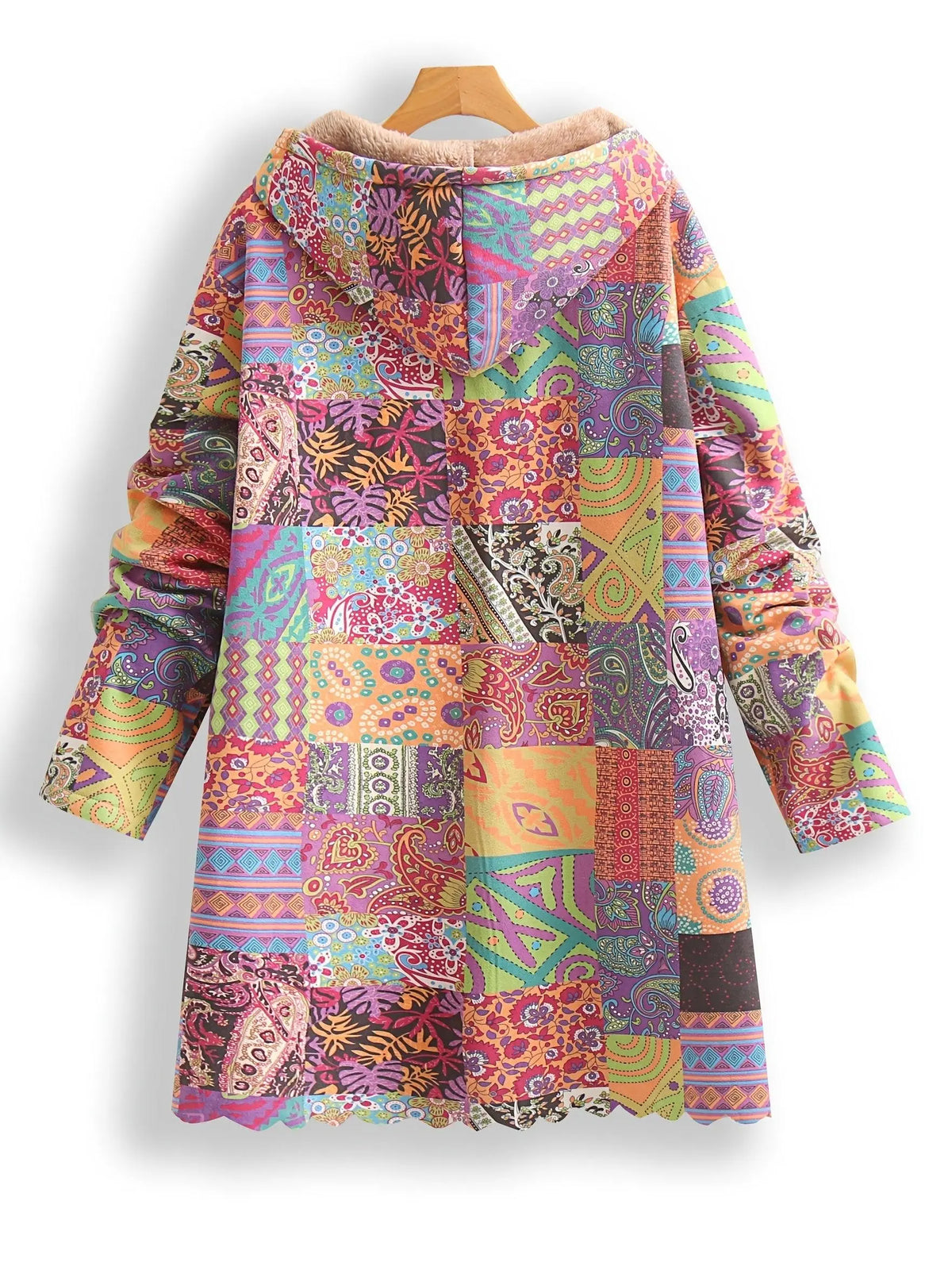 Plus Size Patchwork Print Hooded Coat, Casual Button Front Long Sleeve Warm Outerwear For Fall & Winter, Women's Plus Size Clothing - SS69