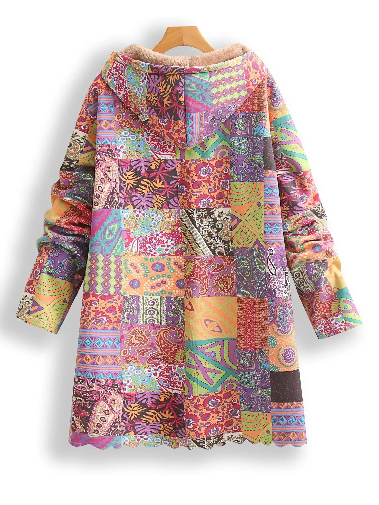 Plus Size Patchwork Print Hooded Coat, Casual Button Front Long Sleeve Warm Outerwear For Fall & Winter, Women's Plus Size Clothing - SS69