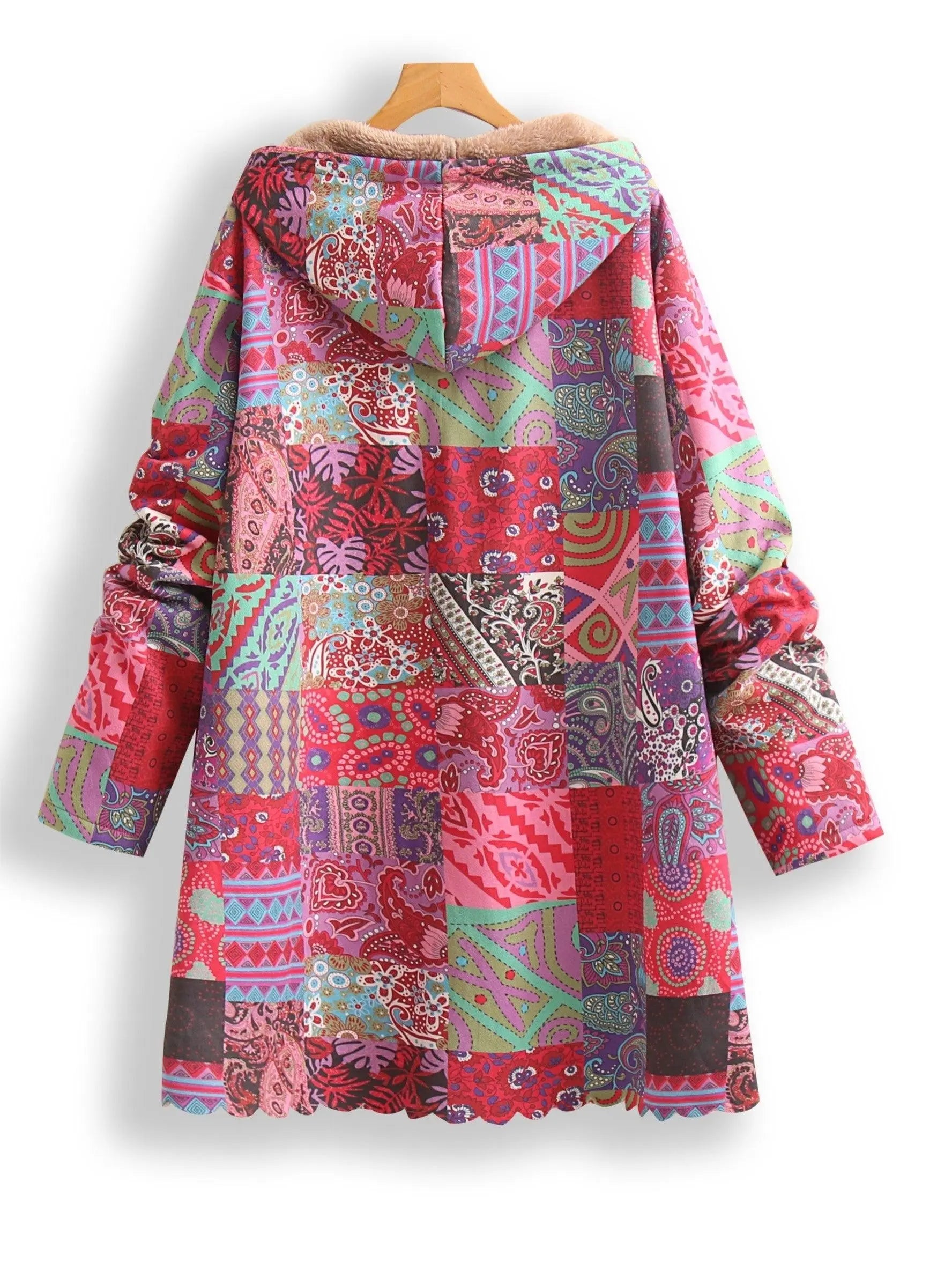Plus Size Patchwork Print Hooded Coat, Casual Button Front Long Sleeve Warm Outerwear For Fall & Winter, Women's Plus Size Clothing - SS69