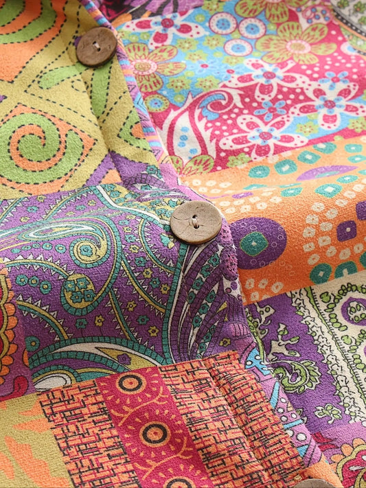 Plus Size Patchwork Print Hooded Coat, Casual Button Front Long Sleeve Warm Outerwear For Fall & Winter, Women's Plus Size Clothing - SS69