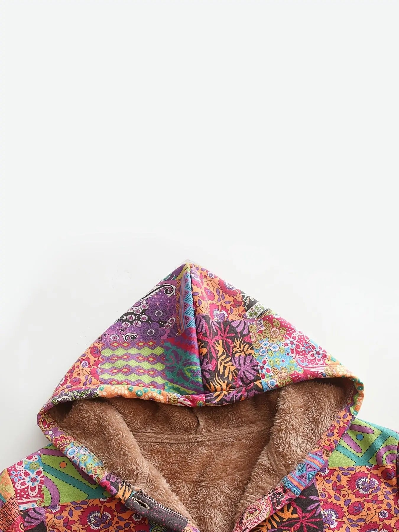 Plus Size Patchwork Print Hooded Coat, Casual Button Front Long Sleeve Warm Outerwear For Fall & Winter, Women's Plus Size Clothing - SS69