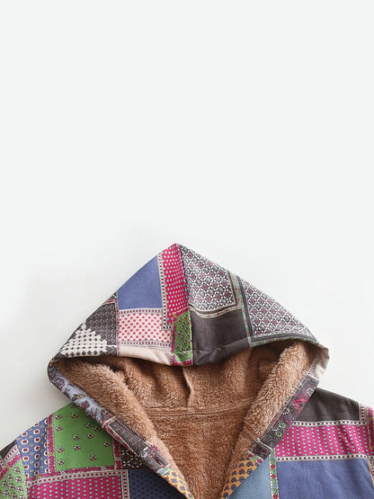 Plus Size Patchwork Print Hooded Coat, Casual Button Front Long Sleeve Warm Outerwear For Fall & Winter, Women's Plus Size Clothing - SS69