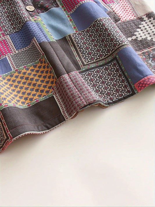 Plus Size Patchwork Print Hooded Coat, Casual Button Front Long Sleeve Warm Outerwear For Fall & Winter, Women's Plus Size Clothing - SS69