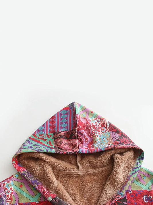 Plus Size Patchwork Print Hooded Coat, Casual Button Front Long Sleeve Warm Outerwear For Fall & Winter, Women's Plus Size Clothing - SS69