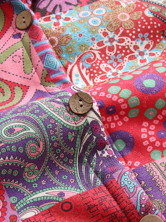 Plus Size Patchwork Print Hooded Coat, Casual Button Front Long Sleeve Warm Outerwear For Fall & Winter, Women's Plus Size Clothing - SS69