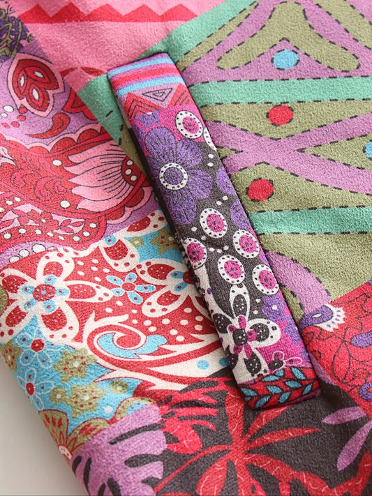 Plus Size Patchwork Print Hooded Coat, Casual Button Front Long Sleeve Warm Outerwear For Fall & Winter, Women's Plus Size Clothing - SS69