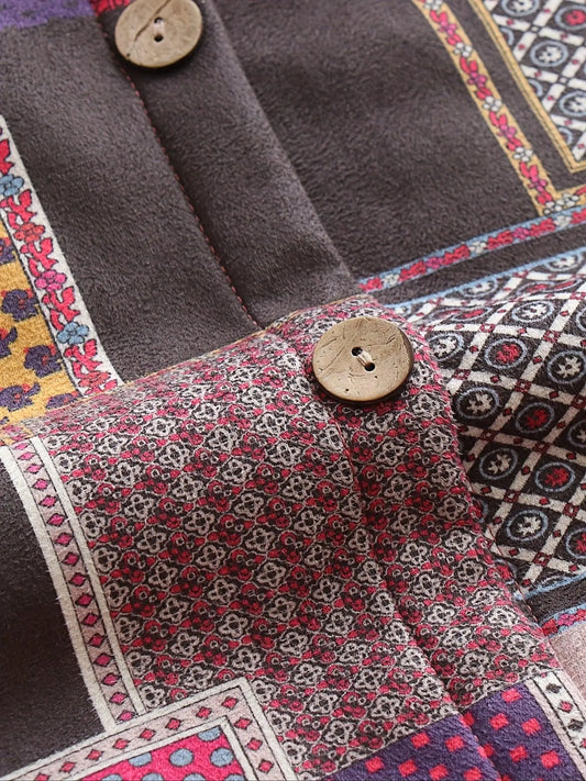 Plus Size Patchwork Print Hooded Coat, Casual Button Front Long Sleeve Warm Outerwear For Fall & Winter, Women's Plus Size Clothing - SS69