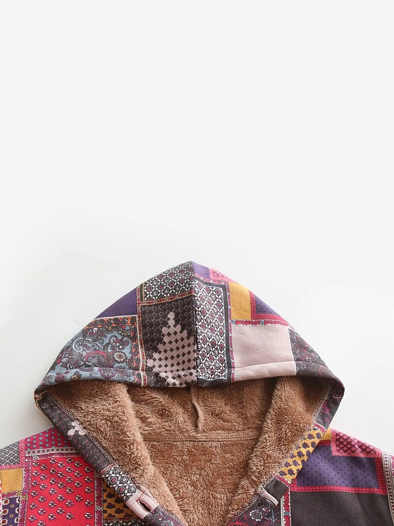 Plus Size Patchwork Print Hooded Coat, Casual Button Front Long Sleeve Warm Outerwear For Fall & Winter, Women's Plus Size Clothing - SS69