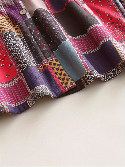 Plus Size Patchwork Print Hooded Coat, Casual Button Front Long Sleeve Warm Outerwear For Fall & Winter, Women's Plus Size Clothing - SS69