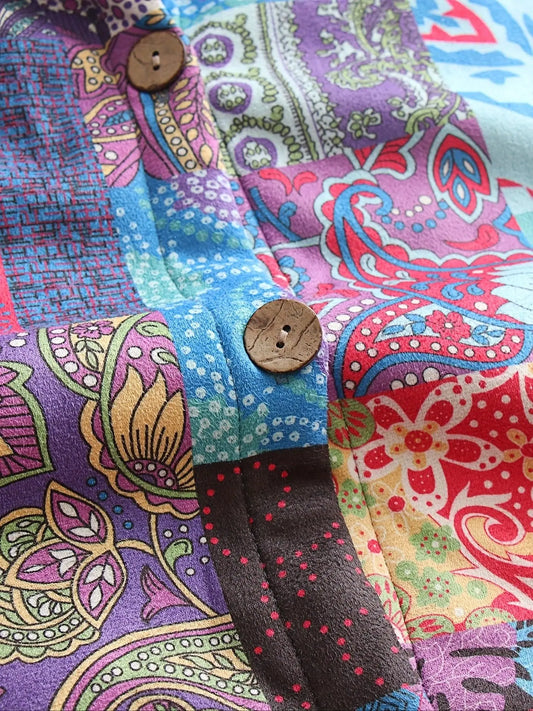 Plus Size Patchwork Print Hooded Coat, Casual Button Front Long Sleeve Warm Outerwear For Fall & Winter, Women's Plus Size Clothing - SS69