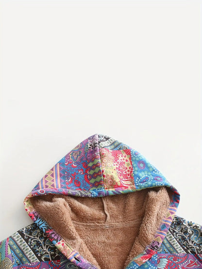 Plus Size Patchwork Print Hooded Coat, Casual Button Front Long Sleeve Warm Outerwear For Fall & Winter, Women's Plus Size Clothing - SS69