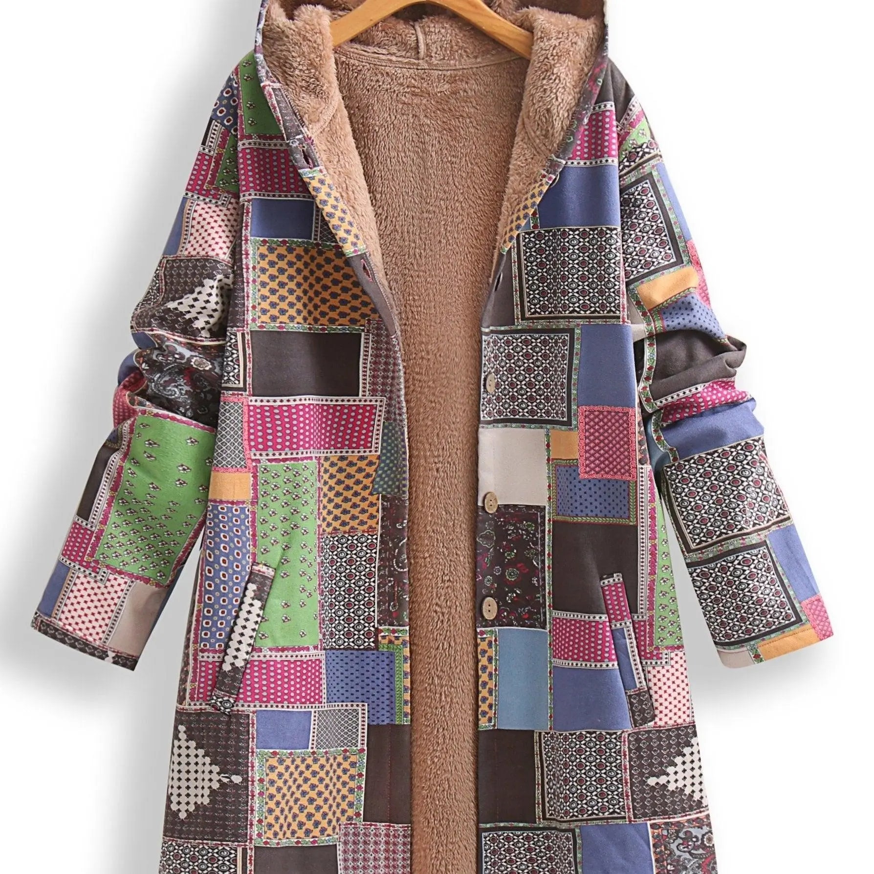 Plus Size Patchwork Print Hooded Coat, Casual Button Front Long Sleeve Warm Outerwear For Fall & Winter, Women's Plus Size Clothing - SS69