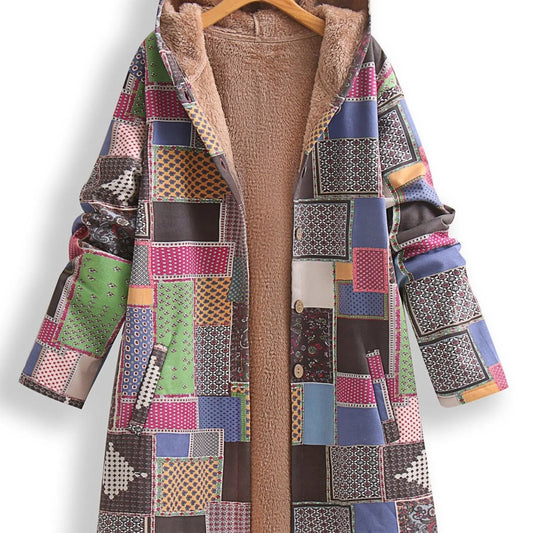 Plus Size Patchwork Print Hooded Coat, Casual Button Front Long Sleeve Warm Outerwear For Fall & Winter, Women's Plus Size Clothing - SS69