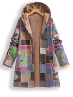 Plus Size Patchwork Print Hooded Coat, Casual Button Front Long Sleeve Warm Outerwear For Fall & Winter, Women's Plus Size Clothing SS69