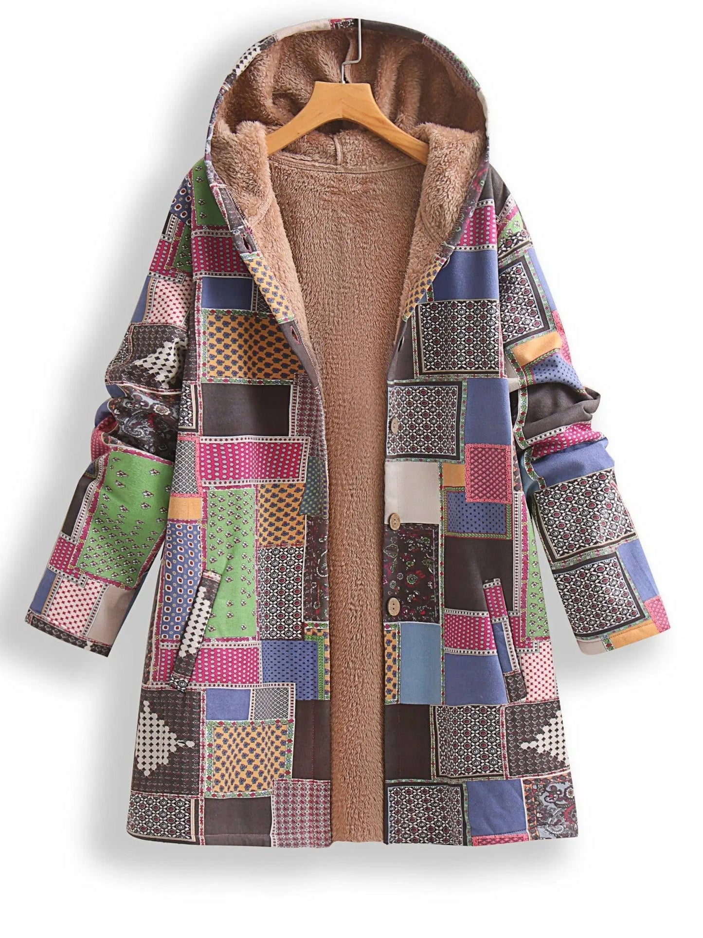 Plus Size Patchwork Print Hooded Coat, Casual Button Front Long Sleeve Warm Outerwear For Fall & Winter, Women's Plus Size Clothing SS69