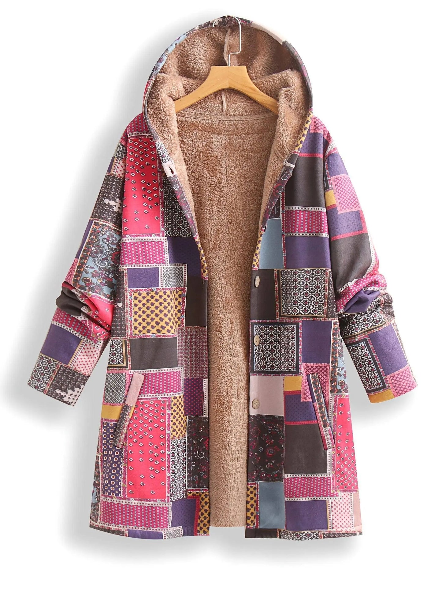Plus Size Patchwork Print Hooded Coat, Casual Button Front Long Sleeve Warm Outerwear For Fall & Winter, Women's Plus Size Clothing SS69