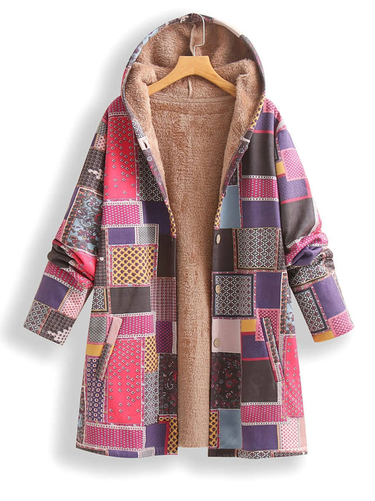 Plus Size Patchwork Print Hooded Coat, Casual Button Front Long Sleeve Warm Outerwear For Fall & Winter, Women's Plus Size Clothing SS69