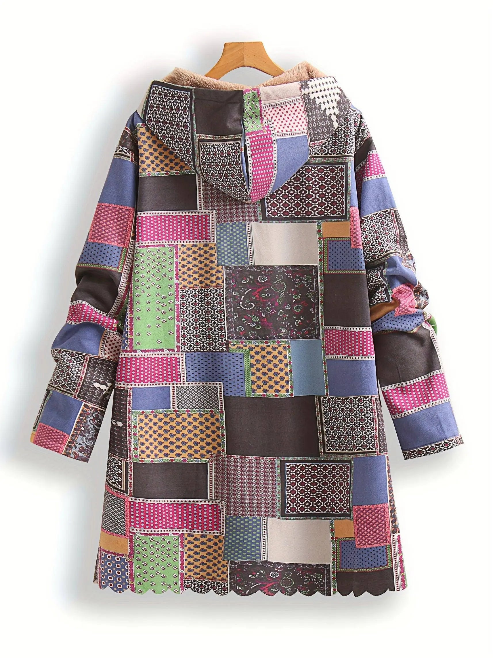 Plus Size Patchwork Print Hooded Coat, Casual Button Front Long Sleeve Warm Outerwear For Fall & Winter, Women's Plus Size Clothing SS69