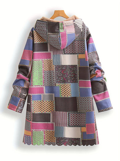 Plus Size Patchwork Print Hooded Coat, Casual Button Front Long Sleeve Warm Outerwear For Fall & Winter, Women's Plus Size Clothing SS69