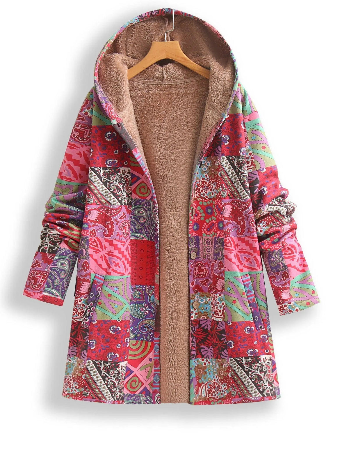 Plus Size Patchwork Print Hooded Coat, Casual Button Front Long Sleeve Warm Outerwear For Fall & Winter, Women's Plus Size Clothing SS69