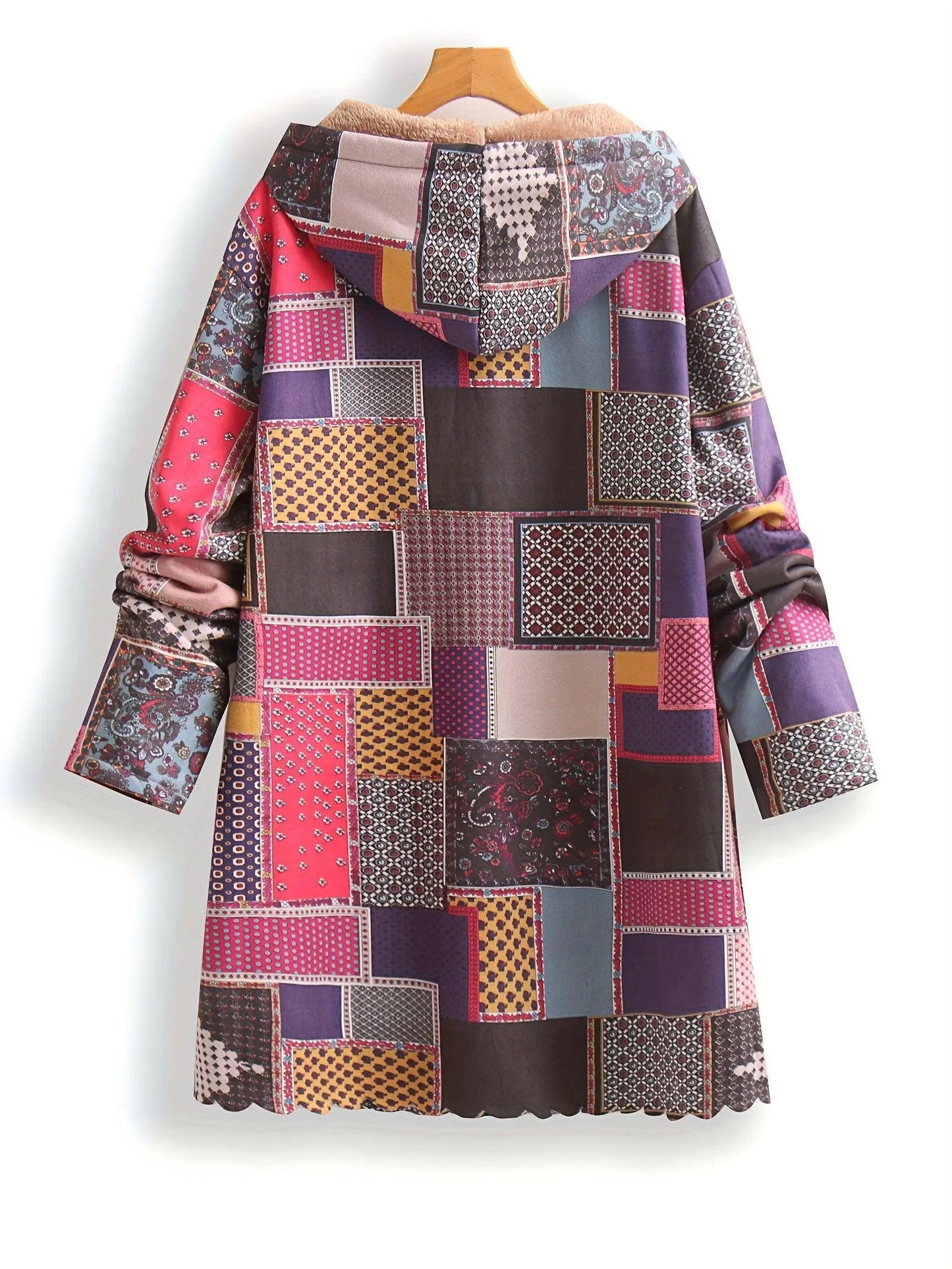 Plus Size Patchwork Print Hooded Coat, Casual Button Front Long Sleeve Warm Outerwear For Fall & Winter, Women's Plus Size Clothing SS69