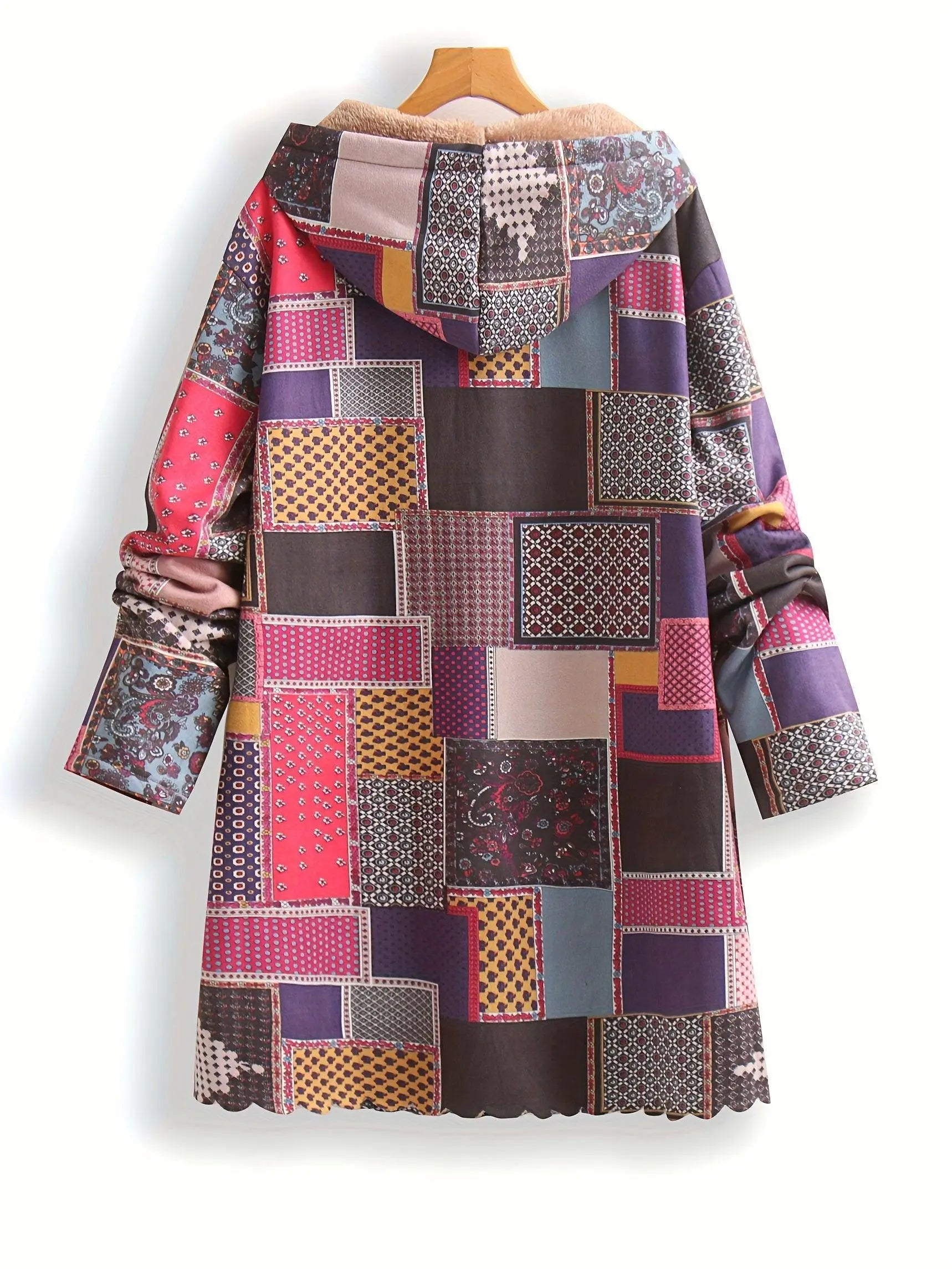 Plus Size Patchwork Print Hooded Coat, Casual Button Front Long Sleeve Warm Outerwear For Fall & Winter, Women's Plus Size Clothing SS69
