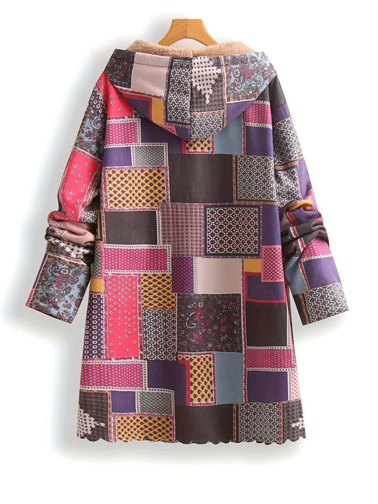 Plus Size Patchwork Print Hooded Coat, Casual Button Front Long Sleeve Warm Outerwear For Fall & Winter, Women's Plus Size Clothing SS69