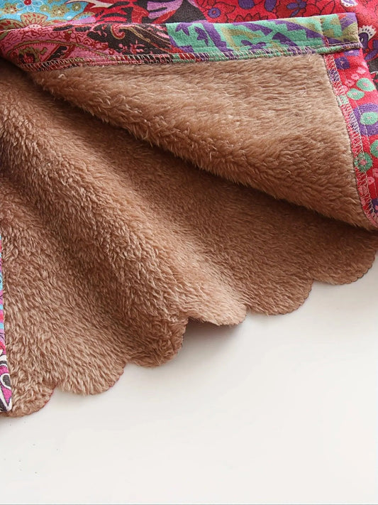 Plus Size Patchwork Print Hooded Coat, Casual Button Front Long Sleeve Warm Outerwear For Fall & Winter, Women's Plus Size Clothing SS69